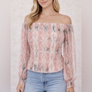 Anthropologie Pink Rouen Smocked Off-Shoulder Top - Sheer Sleeves - Sz L